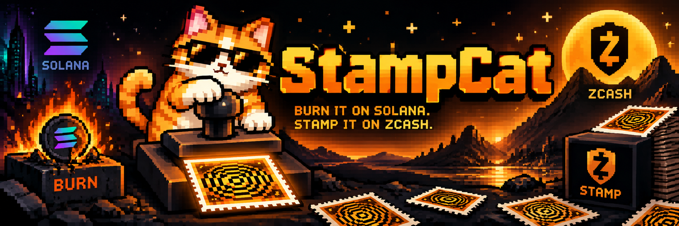 StampCat banner: burn it on Solana, stamp it on Zcash