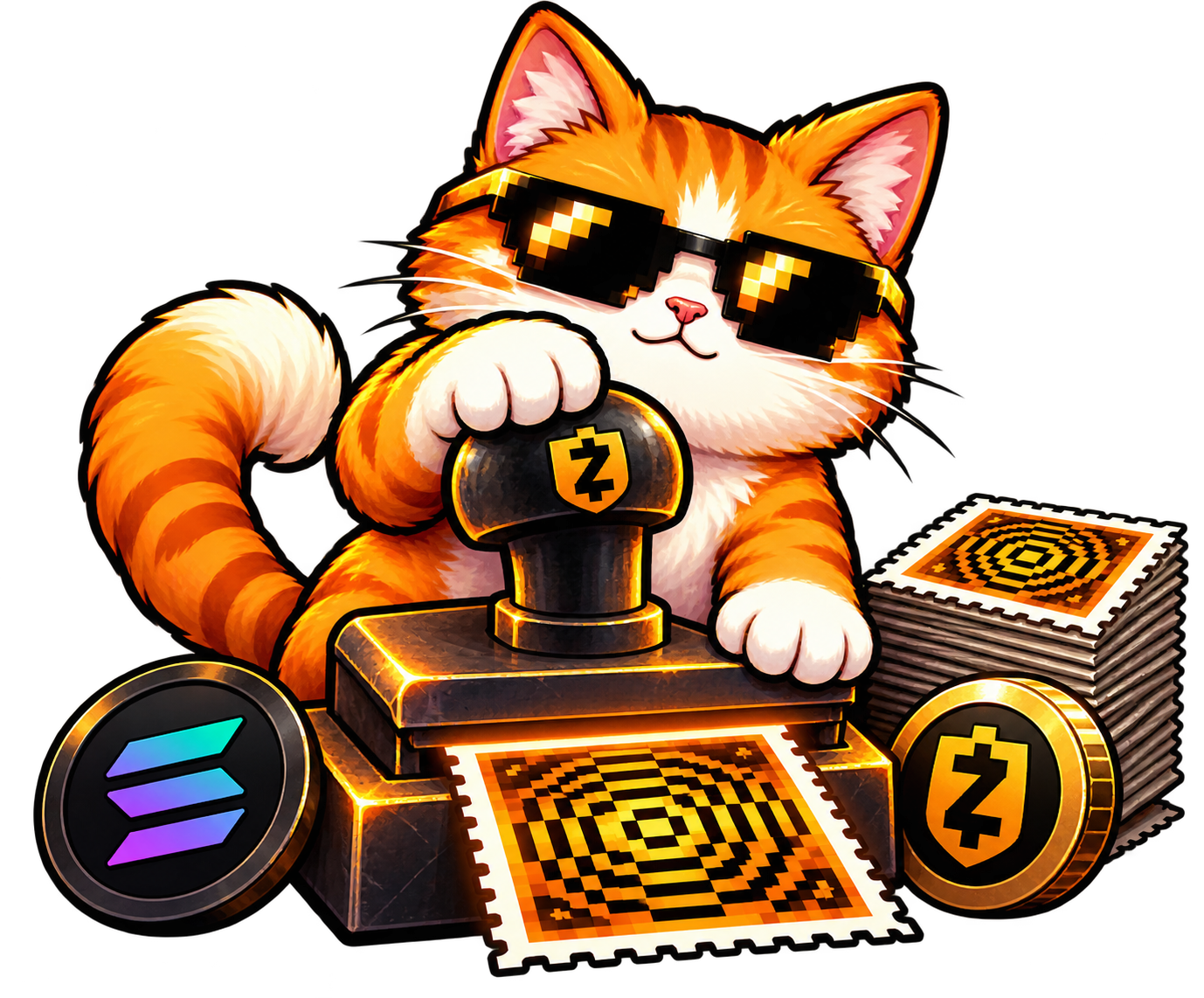 StampCat mascot at the stamping press, with Solana and Zcash coins